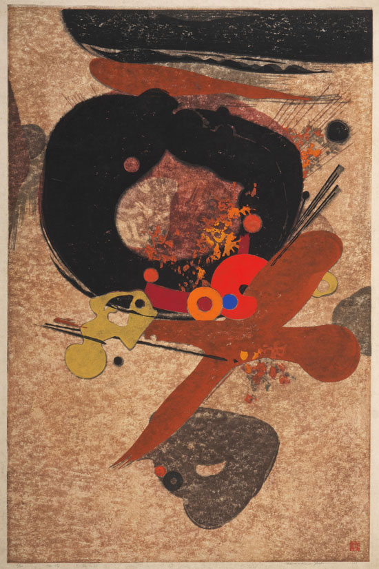 《地佑（黒い輪　No.3）》	　1961年　木版、紙　87.3×57.0cm