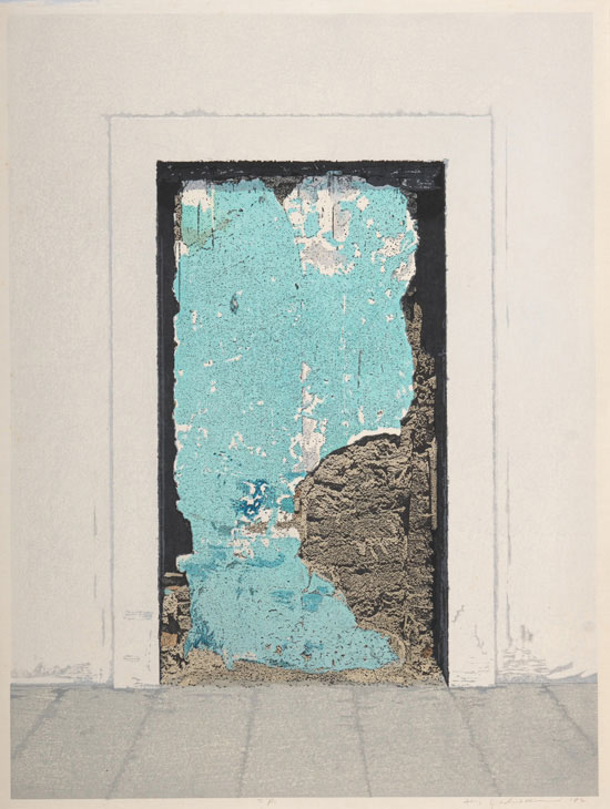 《新しい壁の中の古い壁》　1982年　亜鉛凸版・木版、紙　67.8×50.7cm